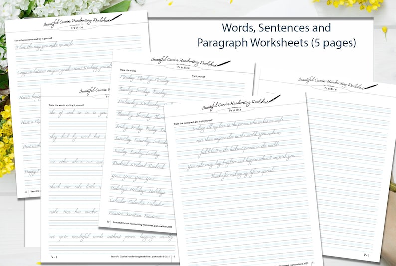 May include: Five pages of cursive handwriting worksheets with lines for practising words, sentences, and paragraphs. The worksheets have a blue and white striped design and the title "Words, Sentences and Paragraph Worksheets (5 pages)" is at the top.