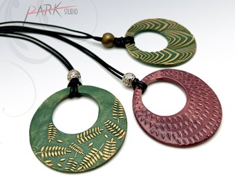 N60 Nature in a circle - Ceramic Jewelry, Handmade Pottery Pendant Necklace (Each Necklace)