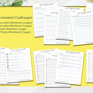 May include: A set of 12 printable cursive handwriting worksheets for practising uppercase and lowercase letters and numbers. The worksheets include a title, "Cursive Handwriting Workbook", and a section for practising each letter and number.