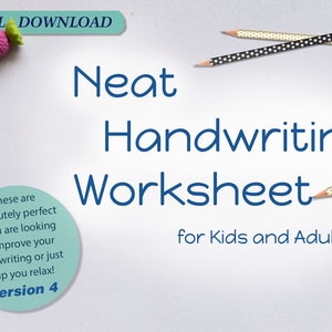 May include: A digital download for a neat handwriting worksheet for kids and adults. The worksheet is designed to help improve handwriting or relax. The image features a blue background with white text and pineapple-shaped erasers.