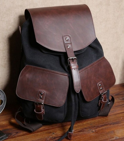 Canvas Vintage Backpack Leather Trim Casual Bookbag Men Women | Etsy