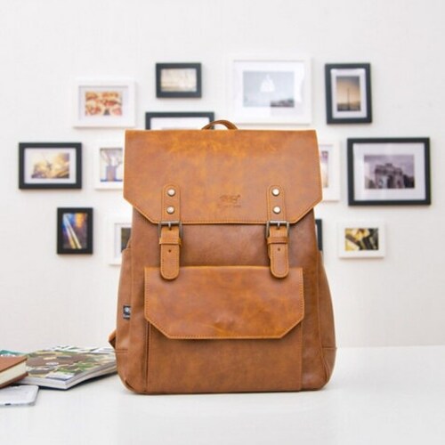 Vegan Leather Backpack Vintage Laptop Bookbag for Unisex Brown Etsy
