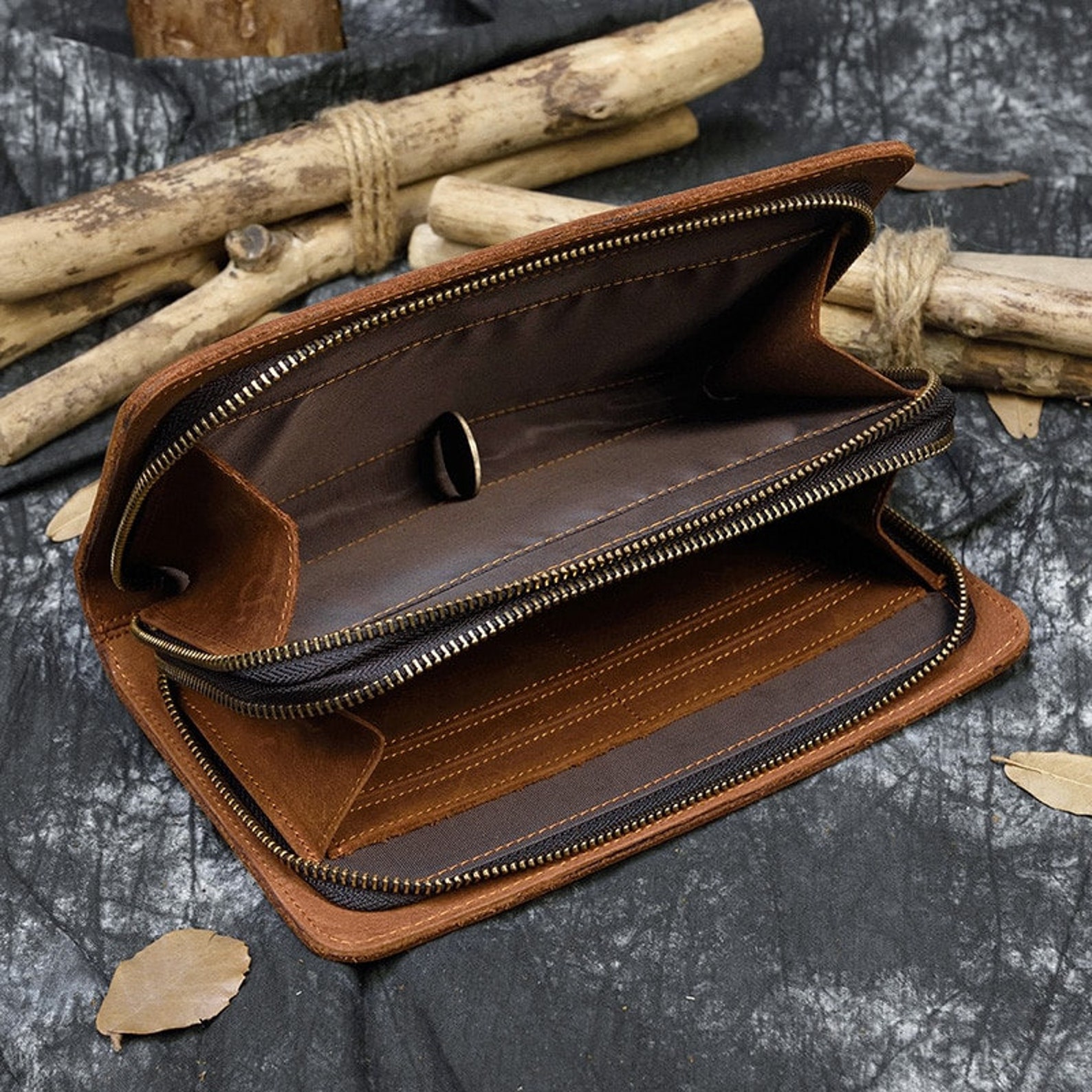 Double Zip Leather Wallet genuine Leather Wallet Women Etsy