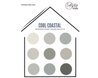 Cool Coastal Complete House Paint  Color Palette,  Designer-Curated Sherwin Williams Paints in Complementary Color Scheme, Timeless Trends