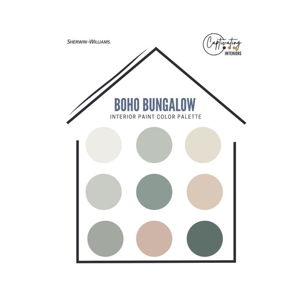 Boho Bungalow Complete House Paint Palette, 2022 Designer-Curated Sherwin Williams Paints in Complementary Color Scheme, Timeless Elegance