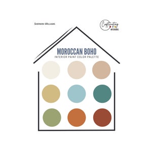 以下が含まれることがあります： 「MOROCCAN BOHO INTERIOR PAINT COLOR PALETTE」というテキストと「Sherwin-Williams」というブランド名が書かれた、家型のカラーパレット。パレットには、ベージュ、ブラウン、グリーン、ブルー、オレンジなど、さまざまな色合いの9色のペイントカラーが揃っています。