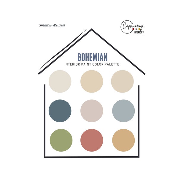 Bohemian Paint Palette  for Complete House, Designer-Curated Colors, Sherwin Williams Paints in Complementary Color Scheme, Warm Colors