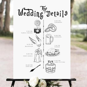 Puede incluir: Un cartel de cronograma de boda en blanco y negro con ilustraciones de una cámara, anillos, una jarra de cerveza, una criatura alada, una pareja bailando, un pavo asado, un pastel y una escoba. El cartel enumera los eventos y horarios del día de la boda, incluyendo la ceremonia, las fotos familiares, la hora del cóctel, la recepción, la cena, el primer baile y la despedida.