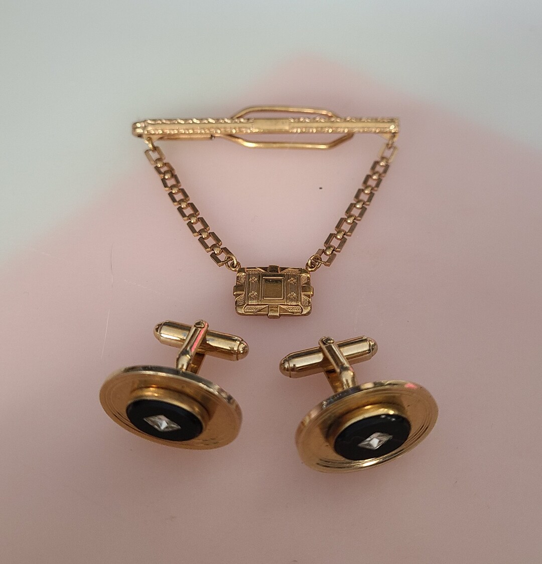 Ensemble Vintage Boutons De Manchette Et Barrette De Cravate Hayward Motif Pêche - Or Rempli, état Impeccable