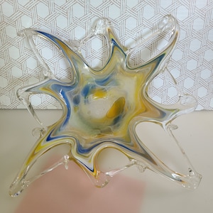 Vintage Apprentice Murano Style Glass Starfish Candy Dish Yellow Blue White