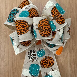 Cheetah Pumpkin Bow – Colorful Fall Pumpkin Bow on Neutral Beige Ribbon for Rustic Decor