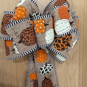 Animal Print Pumpkin Bow with Striped Border – Fall Wreath Bow, Farmhouse Autumn Decor