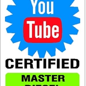 May include: A blue and red YouTube Certified Master Diesel Technician badge. The badge features a blue gear with the YouTube logo in the center. The text "CERTIFIED" is in black letters above the text "MASTER DIESEL TECHNICIAN" in black letters on a green background.