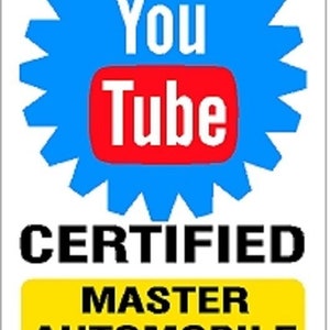 May include: A white background with a blue cogwheel shape surrounding the words "You Tube" in white letters on a red rectangle. Below, the word "CERTIFIED" is in black, and a yellow rectangle reads "MASTER AUTOMOBILE TECHNICIAN".
