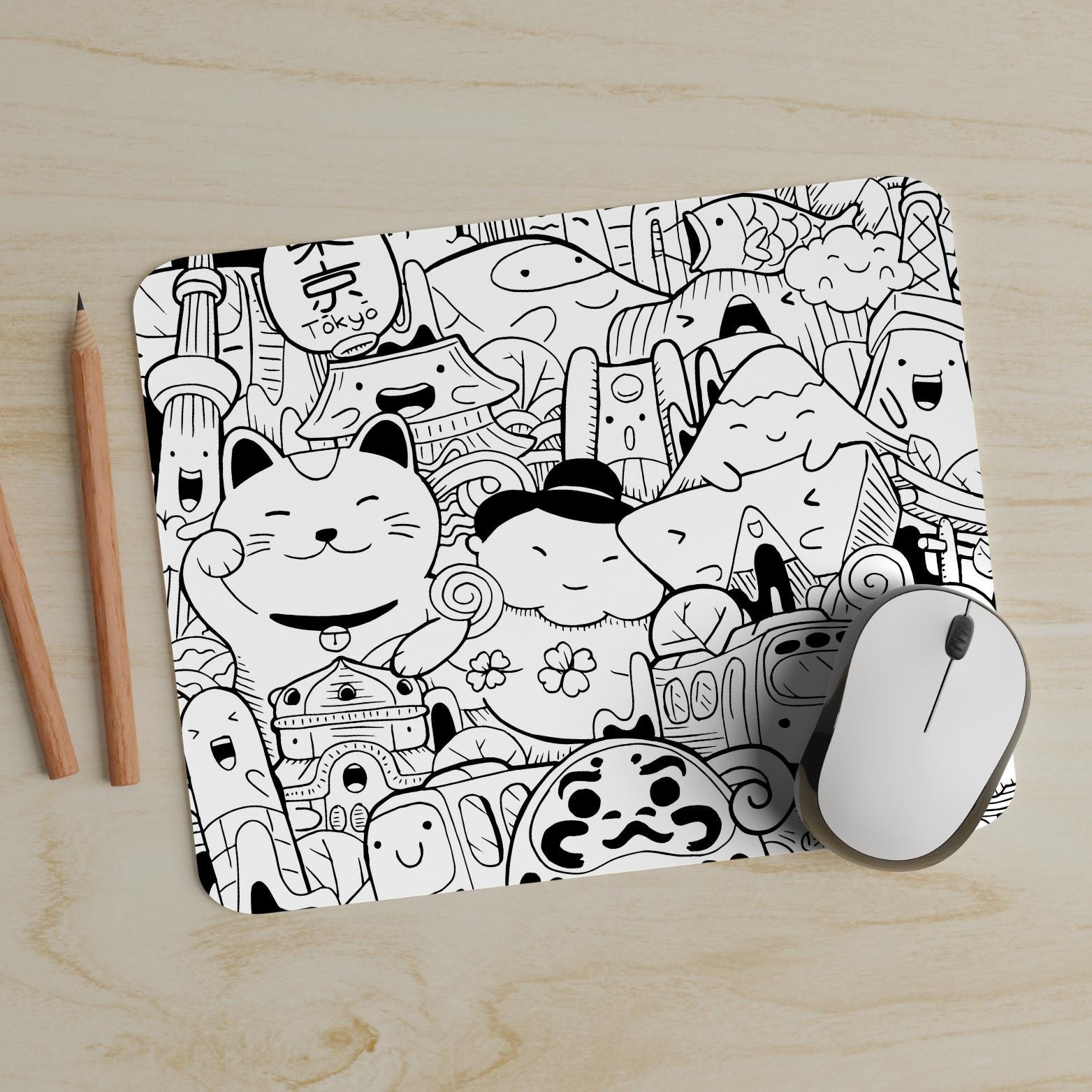 Tokyo Doodle Mousepad, Japanese Inspired Mousepad Computer, Desk Accessory