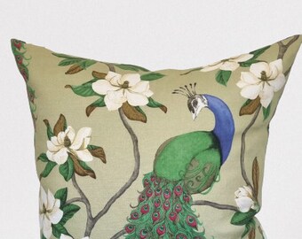 Luxury Linen Peacock and Magnolia Designer Cushion Cover/Pillow
