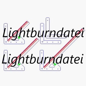 May include: Four white corner brackets with holes for screws. Each bracket is paired with a red and white ruler with the text "lightburndatei" printed on it.