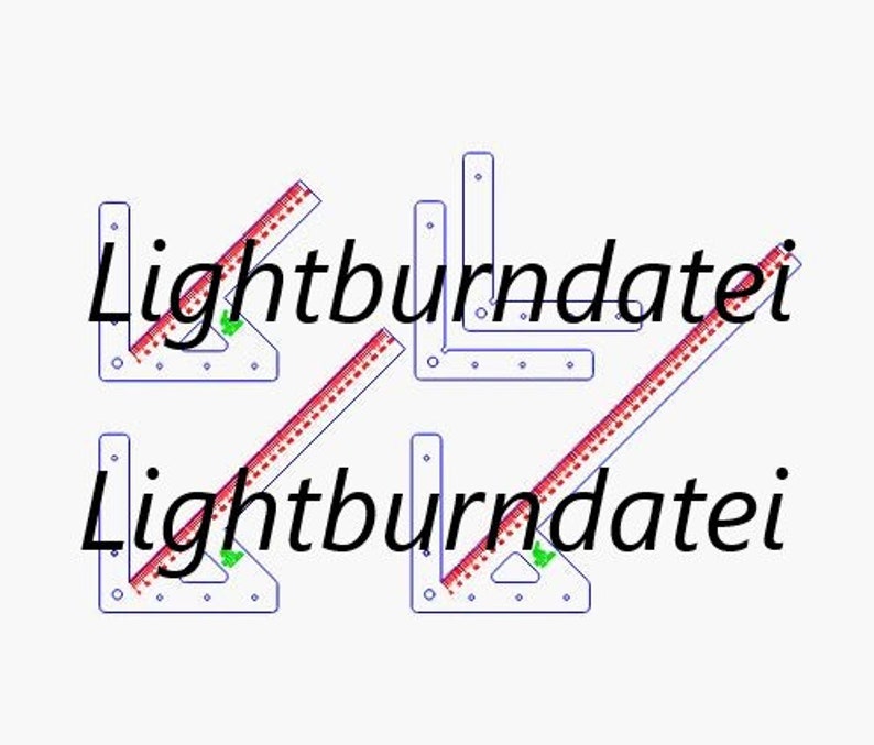 May include: Four white corner brackets with holes for screws. Each bracket is paired with a red and white ruler with the text "lightburndatei" printed on it.