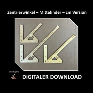 Può includere: Tre righelli di legno con segni in centimetri e un logo a forma di farfalla. I righelli sono a forma di L e possono essere utilizzati per trovare il centro di un pezzo di legno. Il testo "Zentrierwinkel - Mittelfinder - cm Version" è in alto nell'immagine.