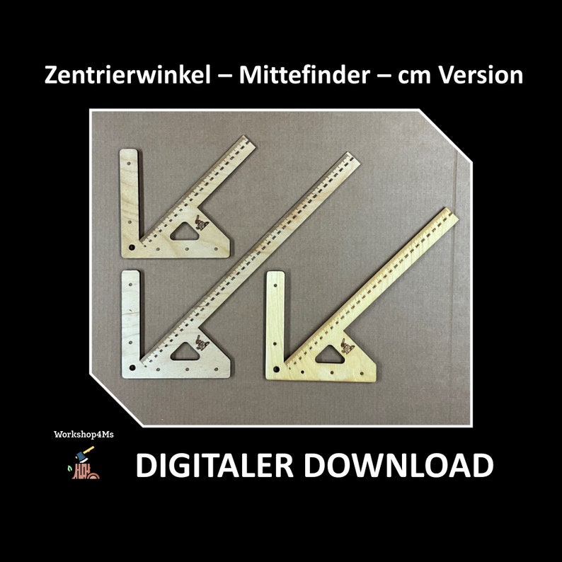May include: Three wooden rulers with centimetre markings and a butterfly logo. The rulers are in the shape of an L and can be used to find the centre of a piece of wood. The text "Zentrierwinkel - Mittelfinder - cm Version" is at the top of the image.