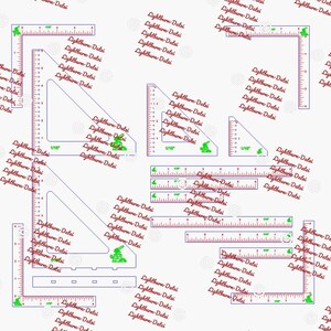 May include: A set of clear plastic rulers with markings in inches and 1/16ths of an inch. The rulers are in various shapes, including squares, triangles, and rectangles. The rulers are printed with the text "Lightburn-Datei" in red.