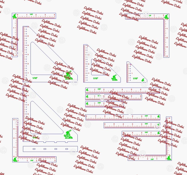 May include: A set of clear plastic rulers with markings in inches and 1/16ths of an inch. The rulers are in various shapes, including squares, triangles, and rectangles. The rulers are printed with the text "Lightburn-Datei" in red.
