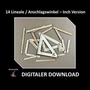 May include: A set of 14 wooden rulers and angle guides, all in inch measurements. The rulers are scattered on a brown surface. The set includes a large triangle with the text "Workshop4Ms" on it. The text "DIGITALER DOWNLOAD" is at the bottom of the image.