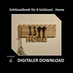 May include: A wooden key holder with the word "HOME" in large letters. The holder has eight hooks for keys and labels for different rooms, including "Keller", "Schrank", "Stube", "WC", and "Küche".