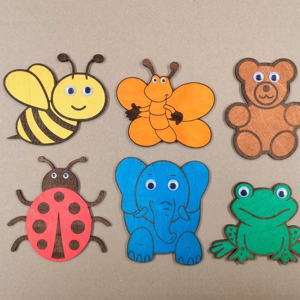 Tiere aus Holz - 10cm - Wackelaugen - Biene Schmetterling Bär Marienkäfer Elefant Frosch - Süße kleine Tier für die Wand - Dekoration