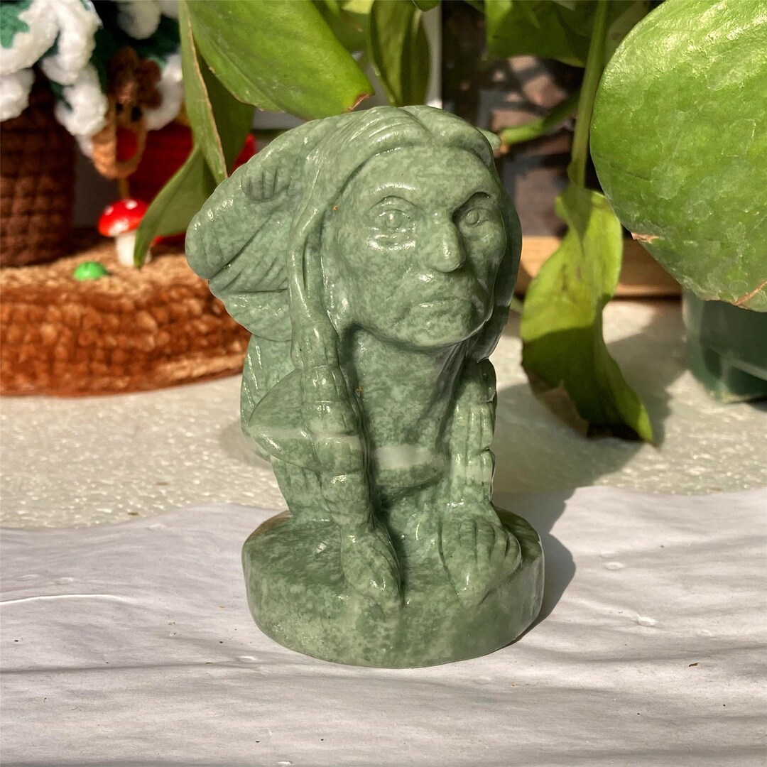 3.2inch Natural Green Jade Hand Chief Carving,quartz Crystal Indian Chief,reiki Heal,home