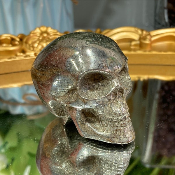 1 pc 2"+ crâne en chalcopyrite main naturelle, crâne en cristal de quartz sculpté totem minéral, décoration de la maison, guérison Reiki, cadeaux en cristal