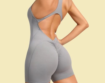 Booty Scrunch engen Reißverschluss Jumpsuit, Yoga Playsuit, rückenfreier Bodysuit, Fitness Bodysuit