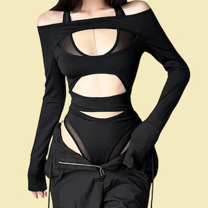 Black Gothic Bodysuit for Women | Sheer Mesh Cyberpunk Bodycon | Edgy Hollow-Out Long Sleeve Top