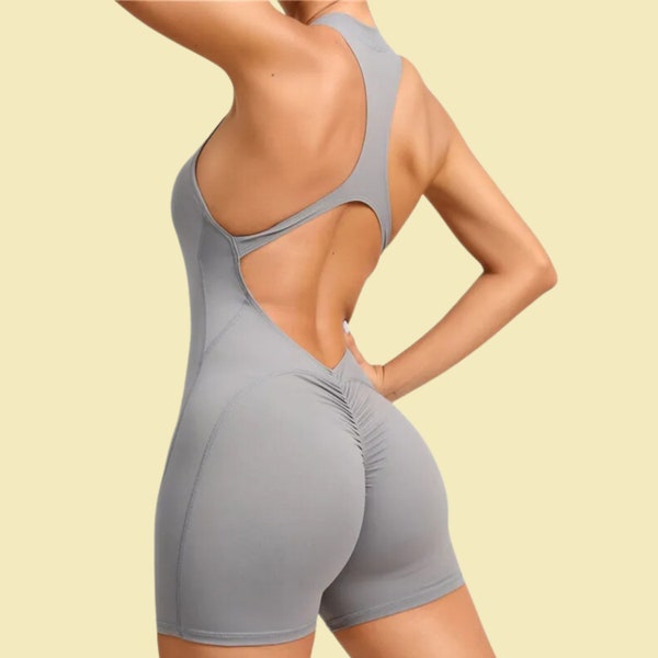 Booty Scrunch Tight Zipper Jumpsuit, Yoga Playsuit, Backless Bodysuit, Fitness Bodysuit