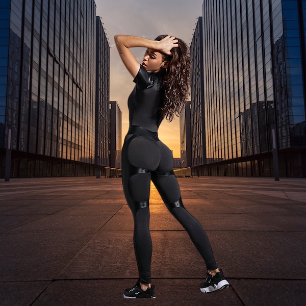 All Black Split-Joint Zipper Collar Sports Jumpsuit | Bodycon Activewear - Sexy Jumpsuit for Women -Stylish Bodysuit