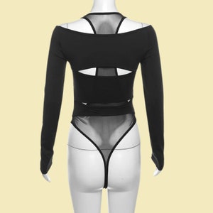 Black Gothic Bodysuit for Women Sheer Mesh Cyberpunk Bodycon Edgy Hollow-Out Long Sleeve Top zdjęcie 4