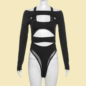 Black Gothic Bodysuit for Women Sheer Mesh Cyberpunk Bodycon Edgy Hollow-Out Long Sleeve Top zdjęcie 5