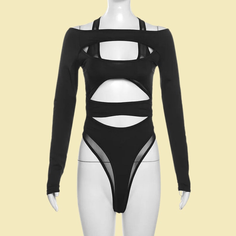 Black Gothic Bodysuit for Women Sheer Mesh Cyberpunk Bodycon Edgy Hollow-Out Long Sleeve Top zdjęcie 5