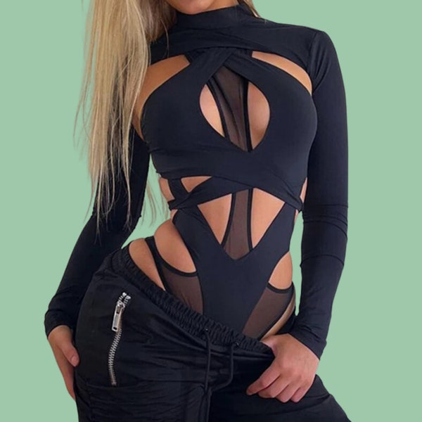 Long Sleeve High Neck Cutout Bodysuit, Sheer Mesh Top, Polyester & Spandex | Sizes S-L | Hollow Out Design for Chic Layering