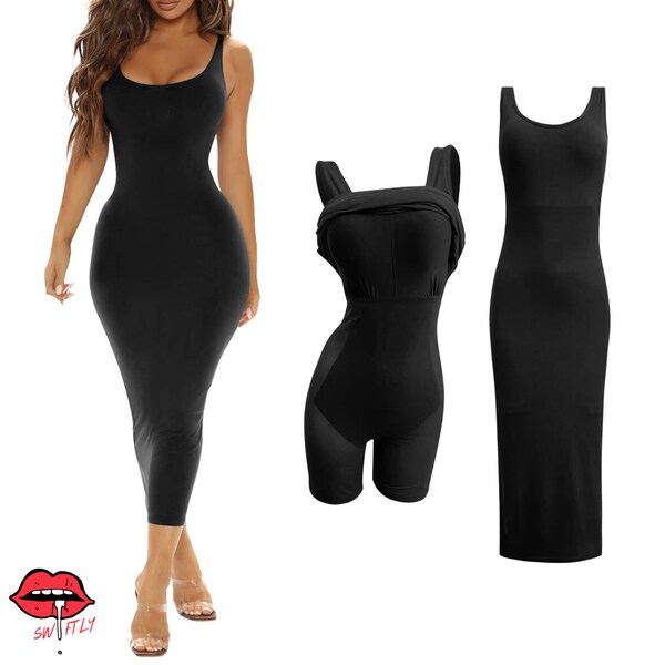Solid Square Neck Strap Long Dress, Body Shaper, Bodysuit Shapewear, With Corset, Breast Padding