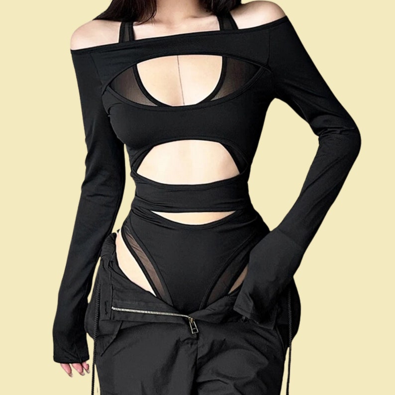 Black Gothic Bodysuit for Women Sheer Mesh Cyberpunk Bodycon Edgy Hollow-Out Long Sleeve Top zdjęcie 1