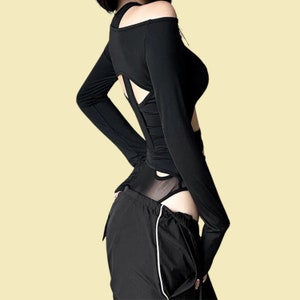 Black Gothic Bodysuit for Women Sheer Mesh Cyberpunk Bodycon Edgy Hollow-Out Long Sleeve Top zdjęcie 3