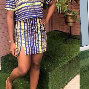 Simple and beautiful women’s shortsleeved crop top and miniskirt set made with 100% cotton African print fabric