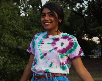 Pink/Wine Red/Green Hand Dyed Bullseye Tie Dye Shrunken Boxy T-Shirt with Cactus Appliqué