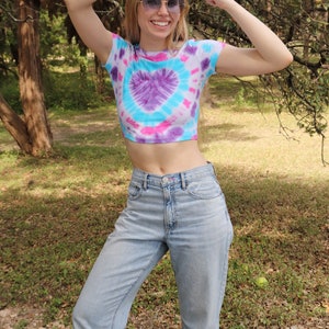 Purple Heart with Blue and Pink Tie Dye Crop Top Shirt image 2