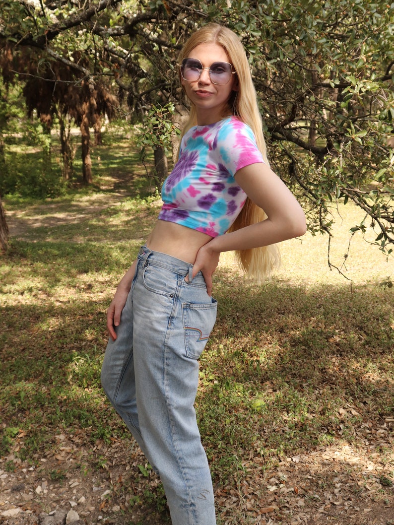 Purple Heart with Blue and Pink Tie Dye Crop Top Shirt image 3