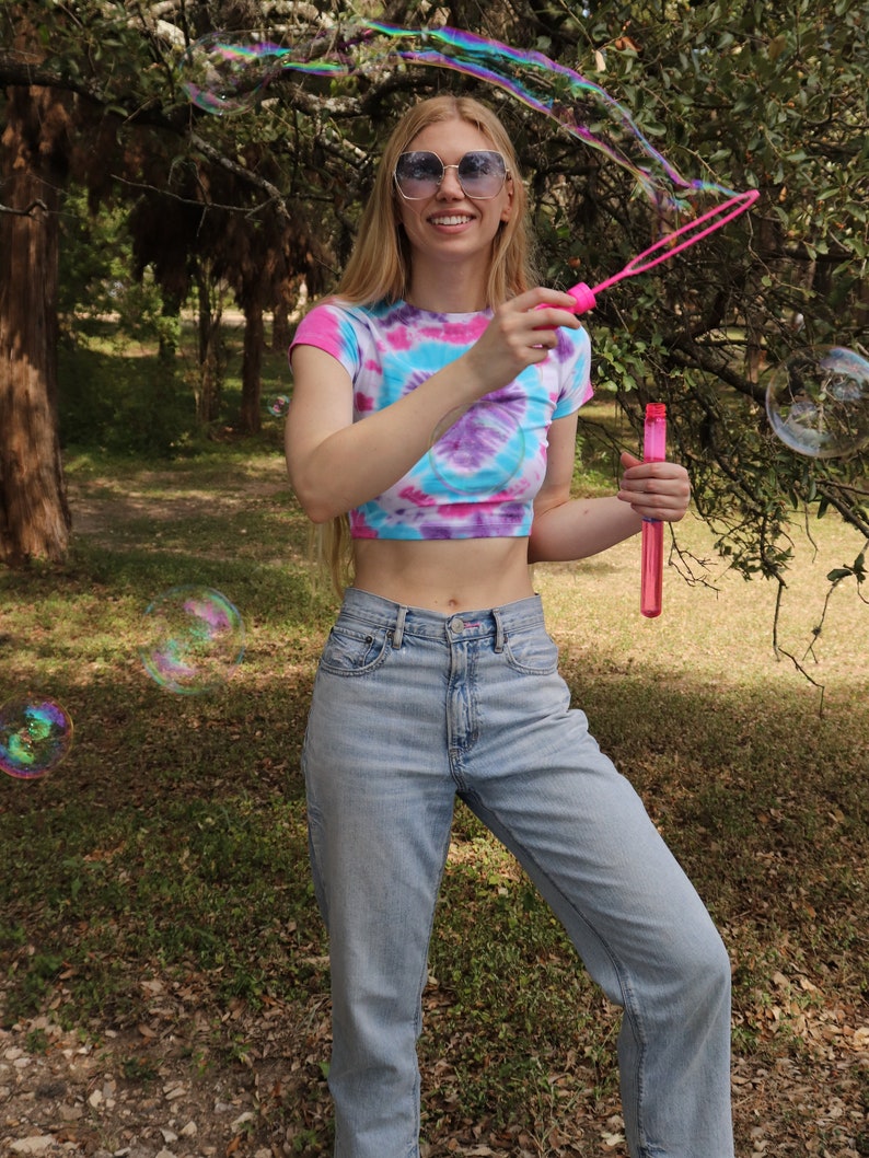 Purple Heart with Blue and Pink Tie Dye Crop Top Shirt image 5