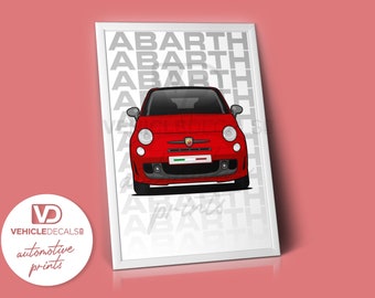 Fiat 500 595 695 Abarth (röd) specialutgåva affischteckning biltryck retroklassiker