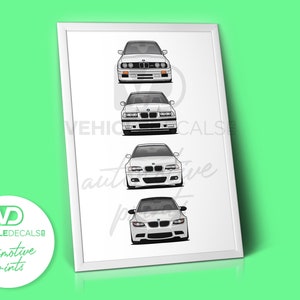 BMW M3 E-series (E30, E36, E46, E9x) Poster Drawing Automotive Print Retro Classic