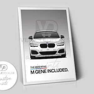 BMW M140i F2x &quot;M Gene Included&quot; Alpine White Poster Drawing Automotive Print Retro Classic Dealer Print